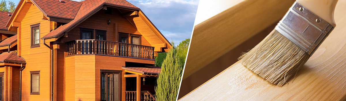Collage aus Holzhaus und Pinsel